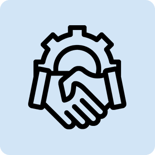 Collaborative Approach Icon of two hands shaking in front of a gear, symbolizing cooperation or partnership, on a light blue background.