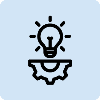 Strategic Expertise Icon of a light bulb above a gear on a light blue background, symbolizing innovation or idea development.