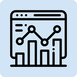 left Icon of a web browser displaying a line graph overlaid on a bar graph, set against a light blue background.