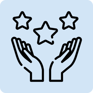 rigjt Icon of two hands raised with three stars above, on a light blue background.